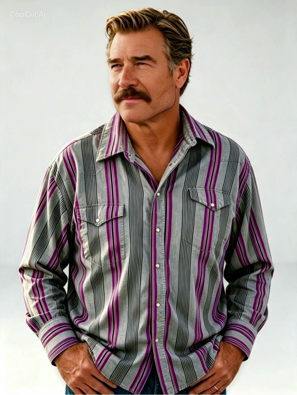 Vintage Wrangler Men's Gray and Purple Striped Pearl Snaps Cowboy cut Shirt XL